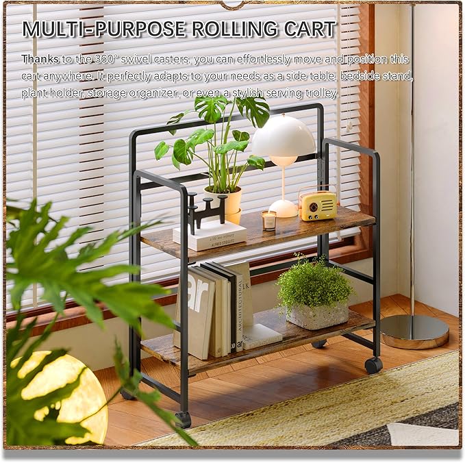 4NM 2 Tiers No-Assembly Folding Bookshelf with Wheels, Portable Rolling Storage Bookcase & Compact Side Table for Living Room, Bedroom, Kitchen, Bathroom (Rustic Brown and Black)-CasaMuseHome