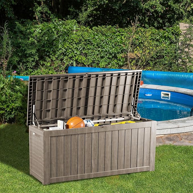 200 Gallon Lockable Resin Deck Box, Waterproof & UV-Resistant Outdoor Storage Box for Outdoor Cushion Storage, Garden Tools & Pool Accessories Storage, Gray-CasaMuseHome
