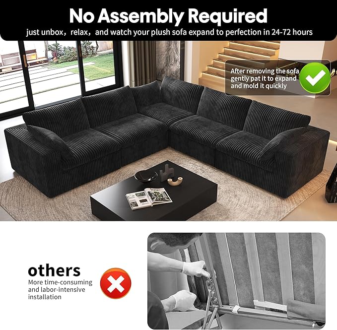 118" V Shaped Corner Modern Sofa Modular Sectional Cloud Couch,Deep Seat Upholstered Couches with Plush Corduroy Fabric for Living Room Furniture,Bedroom and Apartment,No Assembly Required,Black-CasaMuseHome