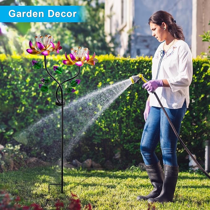 55'' Solar Powered Kinetic Wind Spinner Sculpture Pink Lotus Metal Stake Spinner for Patio, Lawn and Garden Decor Weather-Resistant Outdoor Art with Dual Lotus Design-CasaMuseHome