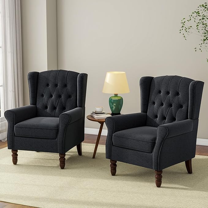 Accent Chair, Upholstered Armchair with Button Tufted High Back & Solid Wood Legs, Comfy Wingback Reading Single Sofa Chair for Small Spaces, Living Room, Bedroom-Blue,1 SEAT-CasaMuseHome