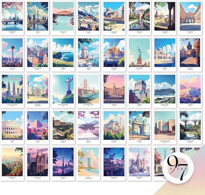 97 Decor Vintage Travel Posters Wall Art - Retro Travel Decor For Home, Travel Art Prints For Wall Decor, Around World Travel Collage Destination Pictures Famous City Artwork For Classroom (4x6)-CasaMuseHome