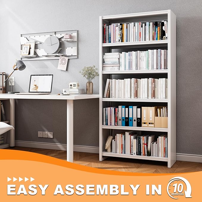 69.3" H Home Office Bookcase Shelf Storage,5 Tier Bookcase with Open Display Shelves,Industrial Wide Bookshelf with Metal Frame for Home Office, Living Room, Bed Room (34.1" W)-CasaMuseHome