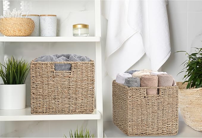 12x12x10in Seagrass Storage Baskets Set of 4, Large Wicker Storage Basket, Decorative Seagrass Shelf Basket, Pantry Baskets Organization,Folding Storage Cube Bins-CasaMuseHome