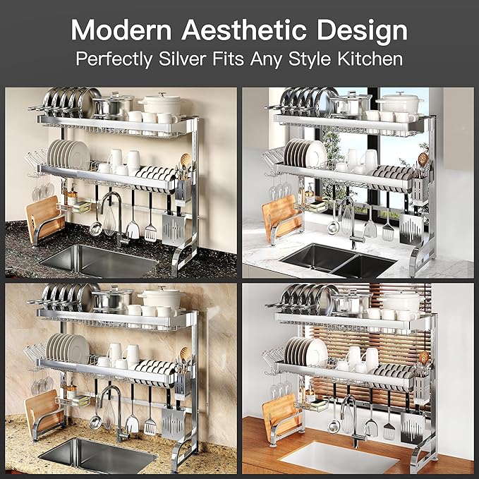 3 Tier Extra Large Stainless Steel Expandable Over The Sink Dish Drainer Drying Rack, Rust Proof Metal, Space Saving, Modern Silver Big Capacity Extendable Plate Strainers Above Kitchen Counter-CasaMuseHome