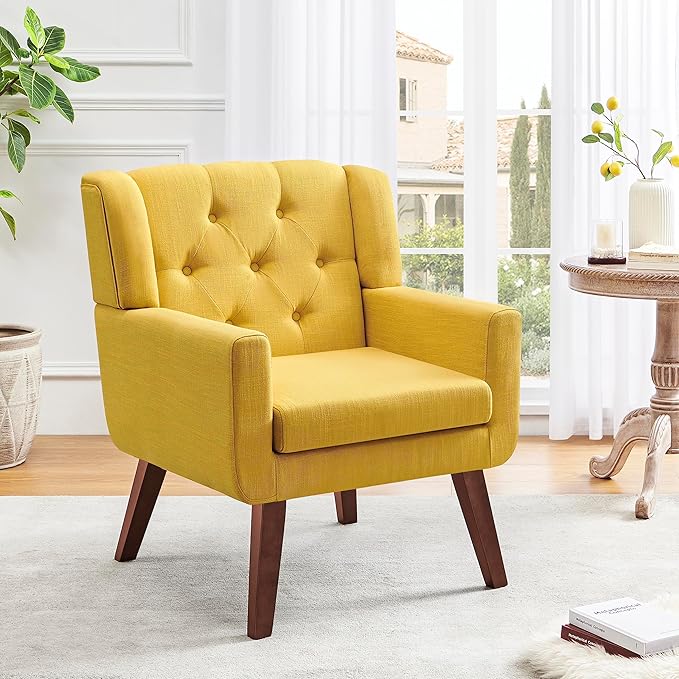 Accent Chairs Set of 2, Button-Tufted Upholstered Living Room Chairs Set of 2, Comfy Reading Chair Mid Century Modern Chairs with Linen Fabric Lounge Arm Chairs for Bedroom (Bright Yellow)-CasaMuseHome