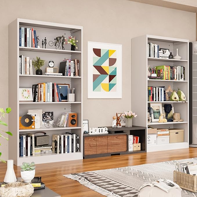 66" Tall Metal Bookcase, 5 Shelf White Bookcase with Adjustable Shelves, Large Bookshelves and Bookcases, Modern Book Shelf Storage Organizer for Living Room, Home Office, Library-CasaMuseHome
