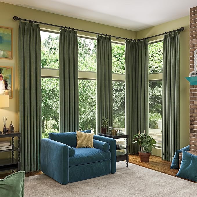 102 Inch Long Linen Blended Blackout Curtains 2 Panels, Back Tab Pleated Look Drapes for Track System with Hooks, Noise Reducing Country Blackout Winodw Curtains 50x102-Loden/Olive Green-CasaMuseHome