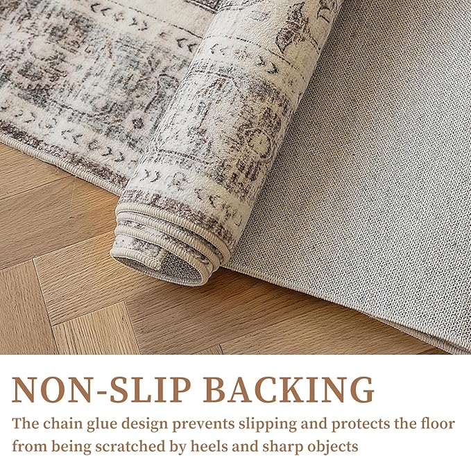 5'x7' Area Rug - Vintage Persian Medallion Design Low-Pile Faux Wool Rug, Non-Slip Backing, Machine Washable, for Living Room, Dining Room, Bedroom (Cream/Taupe)-CasaMuseHome