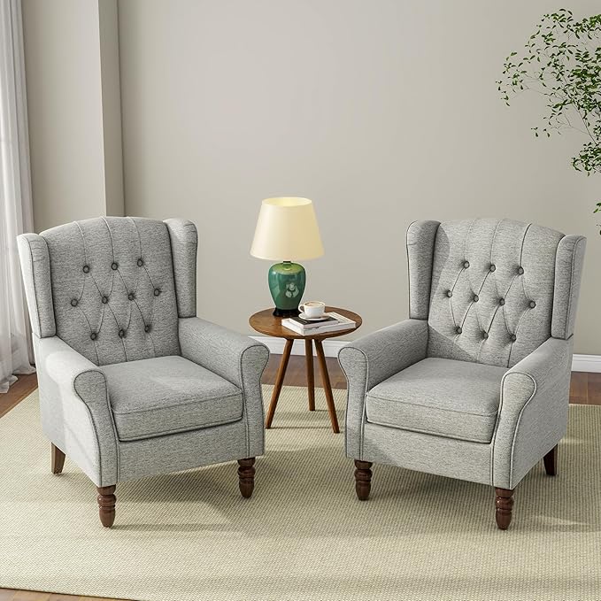 Accent Chair, Upholstered Armchair with Button Tufted High Back & Solid Wood Legs, Comfy Wingback Reading Single Sofa Chair for Small Spaces, Living Room, Bedroom (Light Grey, Set of 2)-CasaMuseHome
