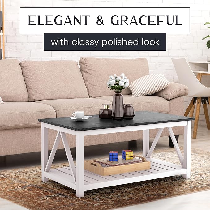 40" Farmhouse Coffee Table | Vintage Rustic Wooden Coffee Table with Lower Shelf for Living Room, Dorm, Office, Bedroom Center Table - Black-CasaMuseHome