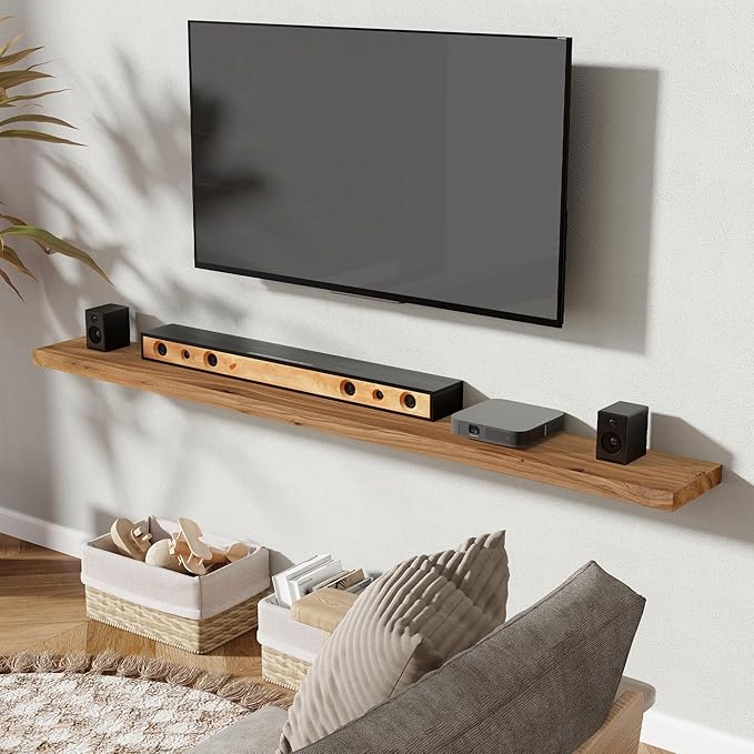 72" Floating Shelves for Wall, Rustic Elm Wood Floating Shelf for Home Decor, Wall-Mounted Display Shelves with Heavy-Duty Bracket, Long Floating Shelf for Bathroom, Kitchen, Natural Color-CasaMuseHome