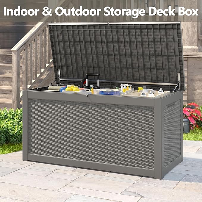 260 Gallon Resin Deck Box, Large Indoor and Outdoor Storage Box, Weatherproof and UV Resistant Outdoor Storage Box with Built-in Steel Beams for Patio Cushions, Pool Supplies-CasaMuseHome