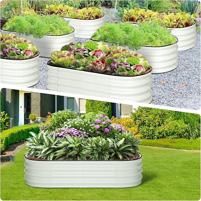 2 Pcs 4.5x2x2ft Oval Raised Garden Bed, Galvanized Raised Beds,Open-Ended Base Metal Raised Planter Beds,Garden Bed Outdoor,Planter Raised Boxes for Vegetables, Flowers,Tool-Free Asse,White-CasaMuseHome