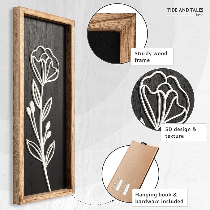 3D Vintage Black Living Room Decor (Set of 2) Lightweight, Wooden Ready-to-Hang Framed Moody Floral Wall Art for Bathroom, Bedroom or Office - Dark Textured Boho Farmhouse Wall Decor - Gift-Boxed-CasaMuseHome