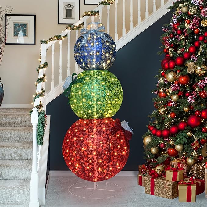 5FT Lighted Pop Up Stackable Ornaments for Christmas Decoration, 3D Pre-Lit Decor with 210 LED Lights with Easy Pop-Up Design, Freestanding Glittered Holiday Display for Outdoor, Indoor-CasaMuseHome