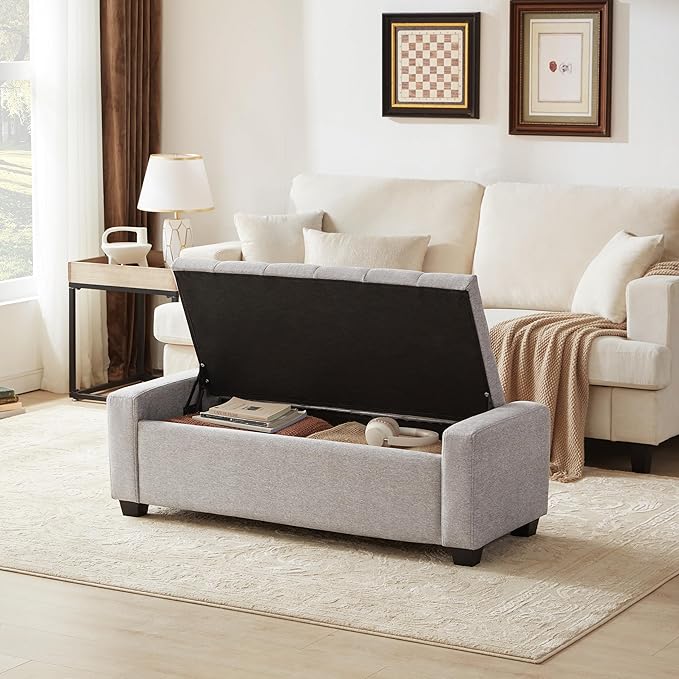 48" Ottoman with Storage, Storage Ottoman Bench with Safety Hinge, Upholstered Entryway Bench with Seating for Bedroom, Living Room, Holds up to 330 lb(Light Gray)-CasaMuseHome