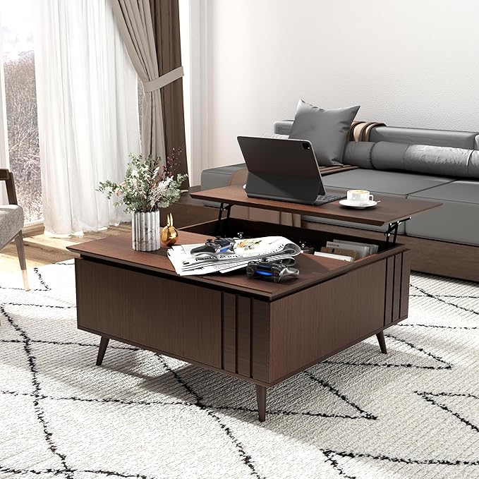 36.2" Lift Top Coffee Table with Storage, Large Square Coffee Tables with Hidden Compartment, Mid Century Modern Center Table for Home Office,Living Room,Dark Walnut-CasaMuseHome