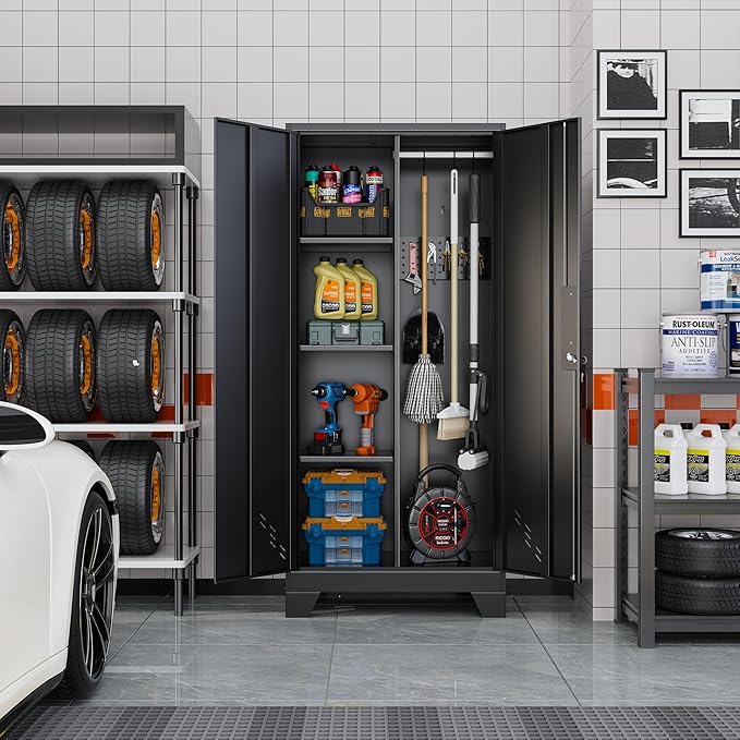 61" Broom Closet Storage Cabinet, Metal Storage Cabinet with Doors, Utility Cabinets for Brooms and Mops, Cleaning Tool Cabinets for Garage, Laundry Room, Bathroom-CasaMuseHome