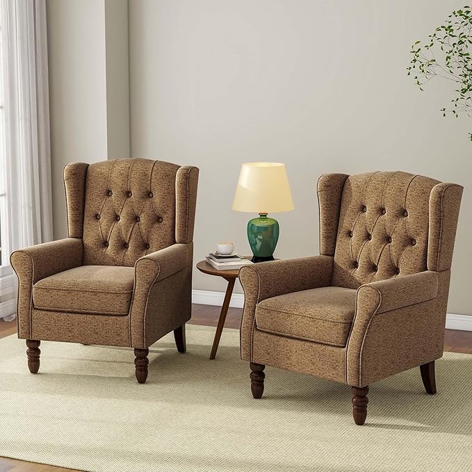 Accent Chair, Upholstered Armchair with Button Tufted High Back & Solid Wood Legs, Comfy Wingback Reading Single Sofa Chair for Small Spaces, Living Room, Bedroom (Brown, Set of 2)-CasaMuseHome