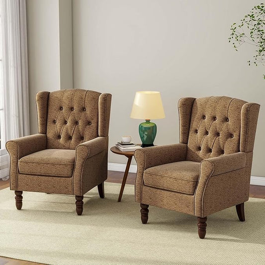Accent Chair, Upholstered Armchair with Button Tufted High Back & Solid Wood Legs, Comfy Wingback Reading Single Sofa Chair for Small Spaces, Living Room, Bedroom (Brown, Set of 2)-CasaMuseHome
