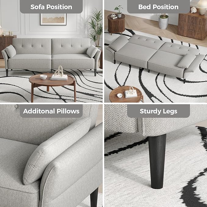 89” Futon Sofa Bed, Linen Comfy Futon Couch Bed with 2 Square Pillows, Convertible Sleeper Sofa with Adjustable Backrest& Armrests, Modern Loveseat Sleeper for Living Room, Bedroom, Light Gray-CasaMuseHome