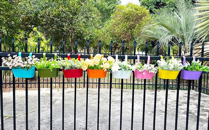 8 Pack Hanging Planters 10", Colorful Metal Bacony Railing Planter for Outdoor Decor, Countryside Fence Pot Flower Bucket for Rails Patio Garden, Plant Pot for Herb (Multi-Color, 8Pcs)-CasaMuseHome