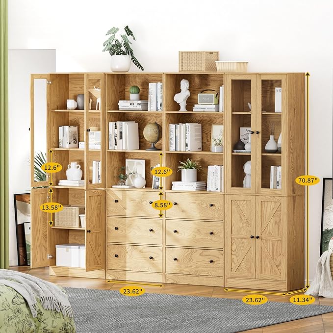 71" Tall Bookshelves Set of 4, 2 Bookcases with Drawers & 2 Bookshelves with Doors, Wooden Bookshelves Floor Standing Display Storage Shelves Home Decor Furniture for Home Office, Living Room-CasaMuseHome