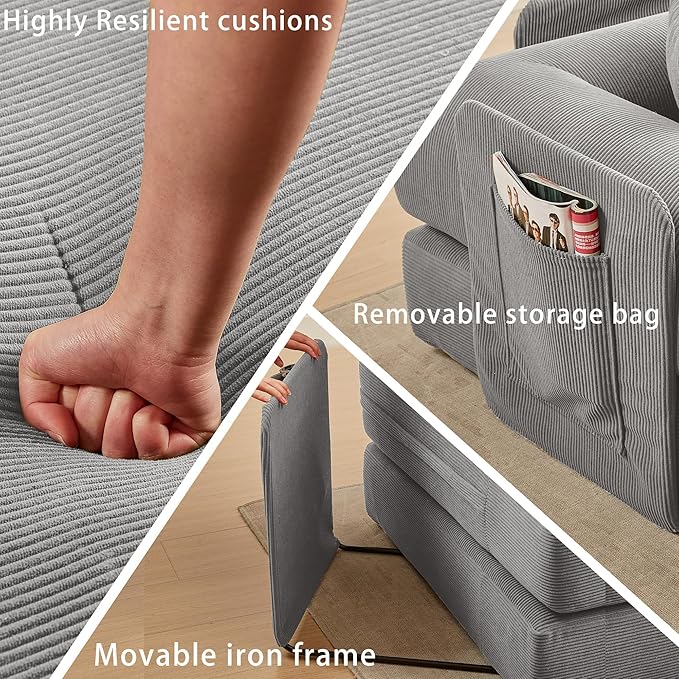 107" Oversized Convertible Sleeper Sofa Bed, Corduroy L Shape Sectional Couch, Folding Sofa Bed with Side Pocket, Modern Cloud Floor Mattress Couch, Modular Sofa for Living Room, Grey-CasaMuseHome