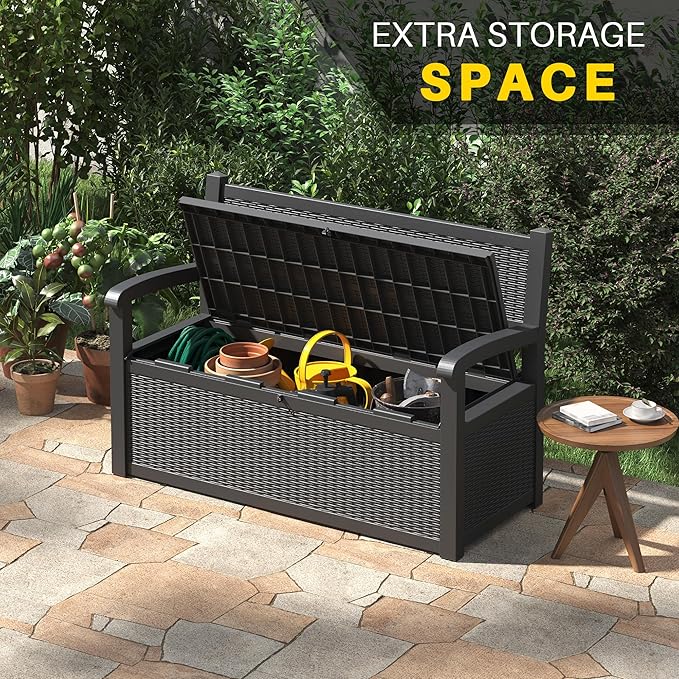 70 Gallon Deck Bench with Storage,Outdoor Storage Box Bench Waterproof&Lockable, Resin Patio Furniture with Armrest for Patio, Porch, Garden,Black-CasaMuseHome