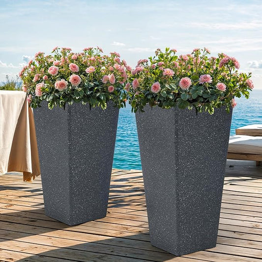 28" Large Tall Planters for Outdoor Plants, Set of 2 V-Shaped Planter Box with Black Terrazzo Look, Durable and Weather Resistant, Ideal or Garden, Patio, Porch or Home use.-CasaMuseHome