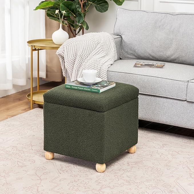 Adeco 17 Inch Soft Dark Green Cube Ottoman Storage, Teddy Velvet Chair Foot Stools, Upholstered Vanity Stool with Hinged Lid, Solid Round Wood Legs-CasaMuseHome