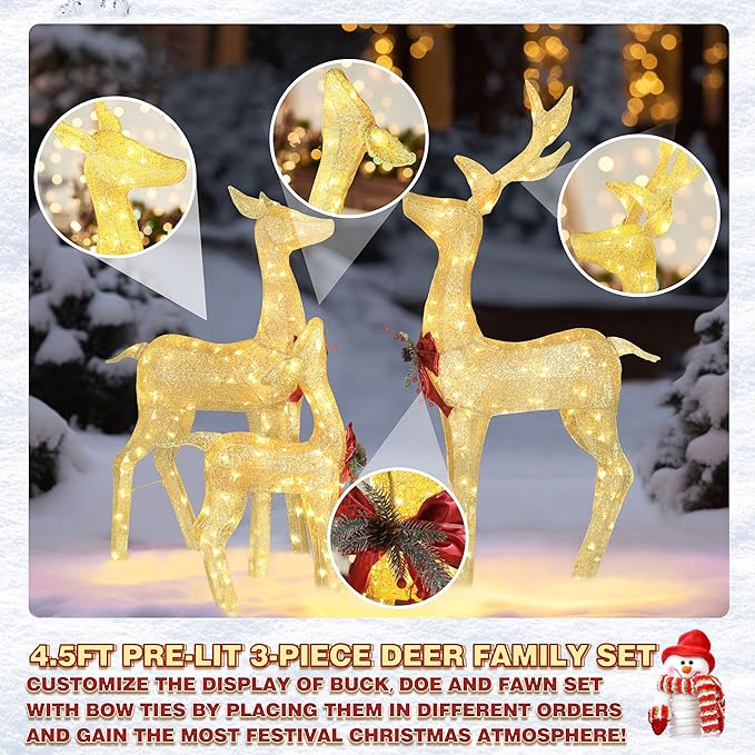 4.5FT Lighted Reindeer Family Set for Christmas Decoration, 3 Pieces Pre-Lit Iridescent Deer with 200 LED Lights, 3D Glittered Standing Holiday Display for Outdoor, Indoor, Golden-CasaMuseHome