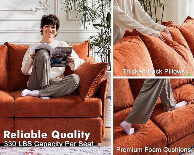 134.6" Modular Sectional Sofa, Oversized 4 Seater Terracotta Orange Couch with Removable Chenille Fabric Cover, Deep Seat & High Backrest for Living Room, Office & Apartment-CasaMuseHome