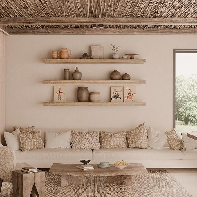 48 Inch Floating Shelves, 8 Inch Deep Floating Shelves for Wall, Hanging Shelf with Invisible Brackets, Wall Mounted Display Shelves for Bathroom, Bedroom, Living Room,3 Tier-CasaMuseHome