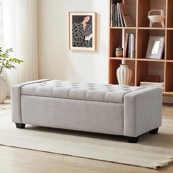 48" Ottoman with Storage, Storage Ottoman Bench with Safety Hinge, Upholstered Entryway Bench with Seating for Bedroom, Living Room, Holds up to 330 lb(Light Gray)-CasaMuseHome