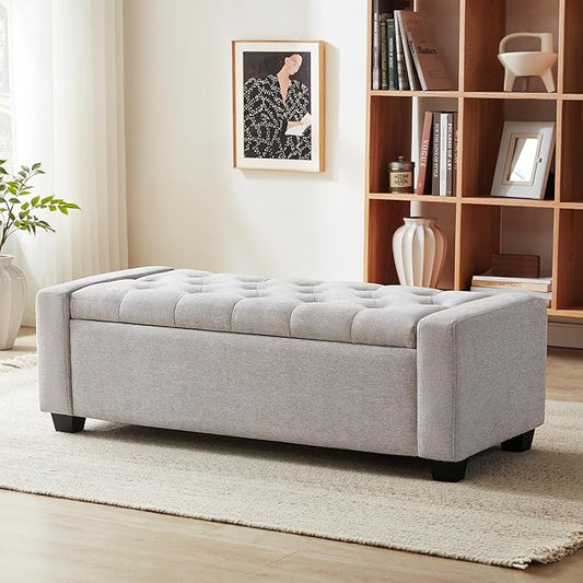 48" Ottoman with Storage, Storage Ottoman Bench with Safety Hinge, Upholstered Entryway Bench with Seating for Bedroom, Living Room, Holds up to 330 lb(Light Gray)-CasaMuseHome
