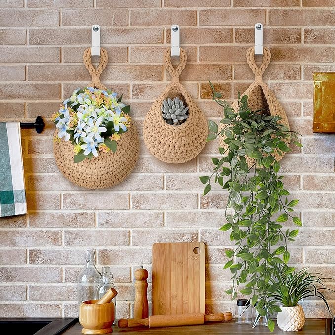 AARAINBOW Boho Wall Hanging Baskets for Kitchen Storage, Fruit Woven Wall Basket 9 Pcs, Hanging Vegetable and Onion Storage with 24 Hooks （Brown）-CasaMuseHome