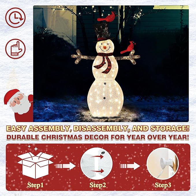 5FT Lighted Snowman with Birds for Christmas Decoration, 3D Pre-Lit Iridescent Snowman Xmas Decor with 90 LED Lights, Glittered Standing Holiday Display for Outdoor, Indoor-CasaMuseHome