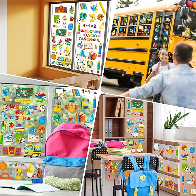 9 Sheets Back to School Window Clings, Double-Sided Window Clings for Classroom, Bus Apple Pencil First Day of School Book Window Stickers for First Day of School Decorations Supplies Decor-CasaMuseHome