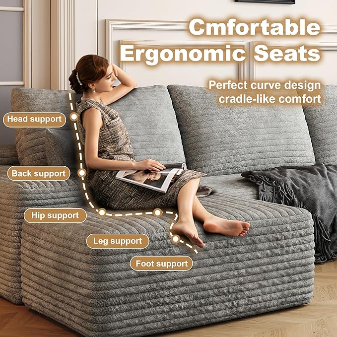 108" Sectional Couches for Living Room Modern Modular Sofa with L-Shape Couchs Upholstered Boneless Couch Deep Seat Sectional Couch with Chaise (Grey, Right Facing Chaise+2Seaters+1Ottoman)-CasaMuseHome