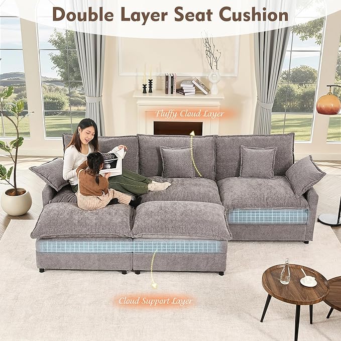 108" U Shaped Couch, Modular Sectional Sofa, 3-Seater Comfy Cloud Couch with Movable Ottoman, Deep Seat Couches for Living Room, Chenille, Slate-CasaMuseHome