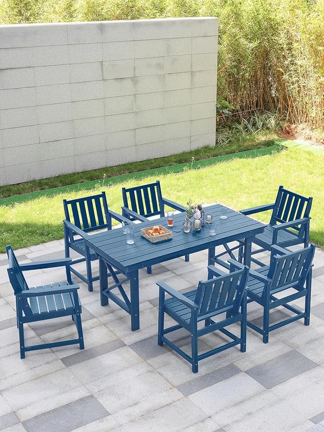 7 Pieces HDPE Outdoor Dining Set, Patio Dining Set with Umbrella Hole, All Weather Outdoor Dining Table Sets for 6, HDPE Patio Furniture Sets for Deck, Backyard, Lawn, and Poolside, Navy-CasaMuseHome