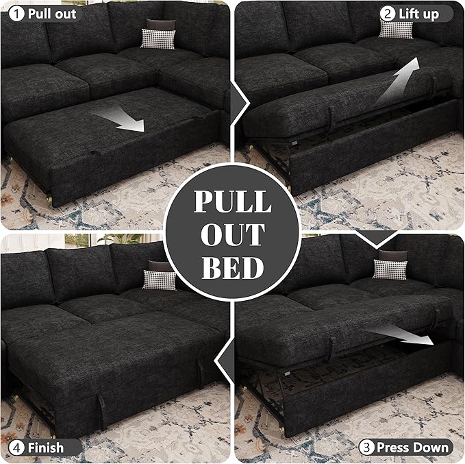 85 Inch Modular Sectional Sofa with Pull Out Bed,L Shaped 5 Seat Sectional Sleeper Sofa with Storage,Sectional Couches for Living Room,Cloud Modular Couch,Removable Sofa Cover,Black-CasaMuseHome