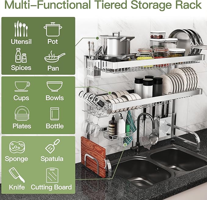 3 Tier Extra Large Stainless Steel Expandable Over The Sink Dish Drainer Drying Rack, Rust Proof Metal, Space Saving, Modern Silver Big Capacity Extendable Plate Strainers Above Kitchen Counter-CasaMuseHome