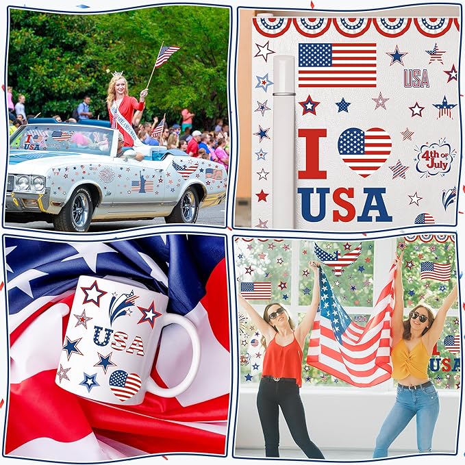 158 Pcs 4th of July Window Clings, 9 Sheets Patriotic Window Clings Decals, Watercolor Double-Sided American Flag Stars Firework Window Stickers for Independence Day Parade Veterans Memorial Day Decor-CasaMuseHome
