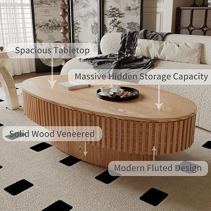 47.2''Oval Coffee Table with Storage, Mid Century Modern Drum Center Tables with Lid Fluted Solid Wood Side Coffee Table Pedestal Tea Table for Living Room, Bedroom, Apartmen-Natural-CasaMuseHome