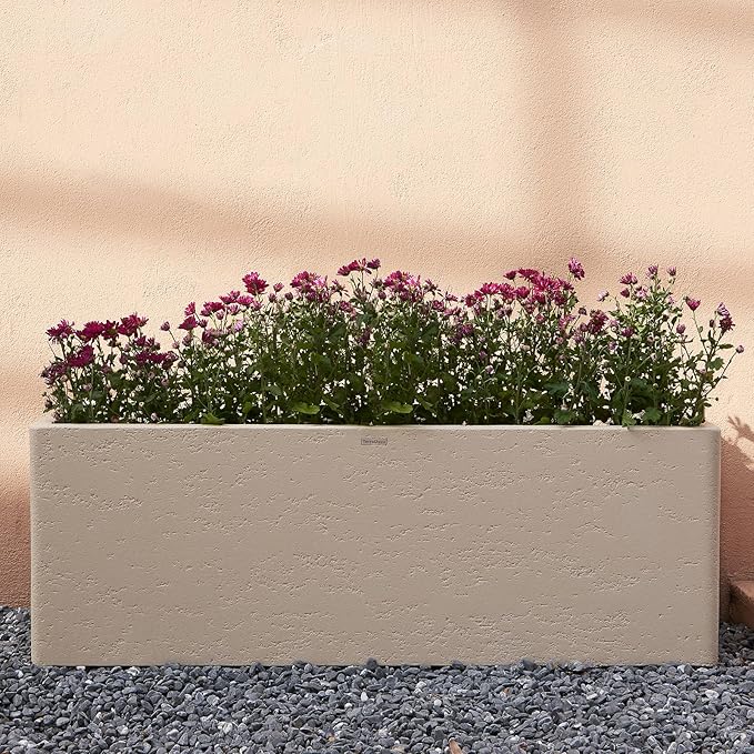 42 Inch Rectangular Concrete Planter（42Lx14Wx15H，58 Pounds）,Durable All-Weather Use with Drainage Holes,Large Rectangular Planter for Outdoor Indoor Plants-CasaMuseHome