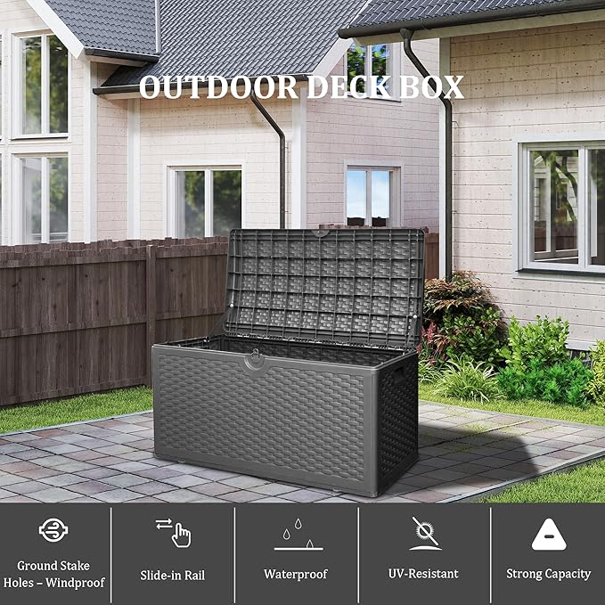 80 Gallon Plus Outdoor Storage Box Waterproof Lockable Resin Deck Box Large, Patio Storage Bin for Pool Accessories Cushion Furniture, Garden Tools, UV-Resistant Outside Delivery Black-CasaMuseHome