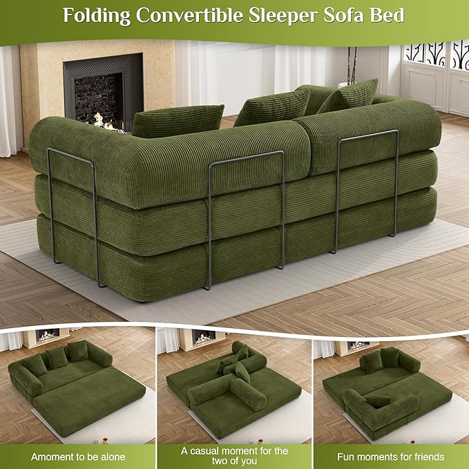 80.3" Convertible Sleeper Sofa Bed with Cylindrical Pillow, Corduroy Folding Mattress Couch with Fixed-Shape Frame, Modular Floor Sofa Lounge Couch for Living Room Bedroom Lounge, Green-CasaMuseHome